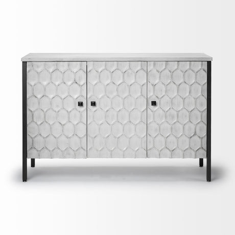 Savannah White Fir Veneer & Gray Metal 3-Door Accent Cabinet by Mercana at Eve Furniture