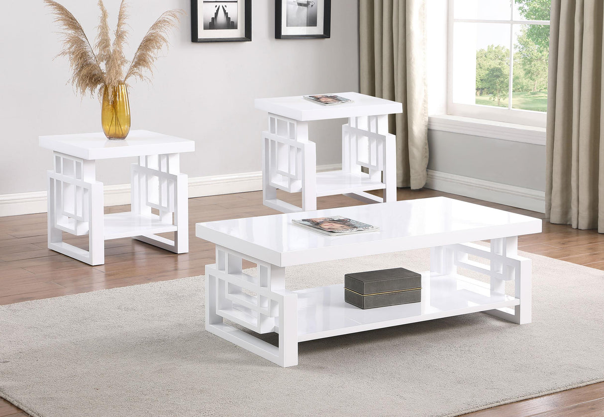 Schmitt White 3-Piece High Gloss Coffee and End Table Set by Coaster at Eve Furniture