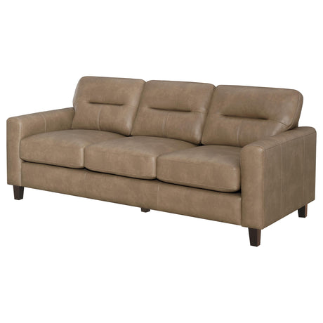 Scotland Brown Faux Leather Upholstered Track Arm Sofa by Coaster at Eve Furniture