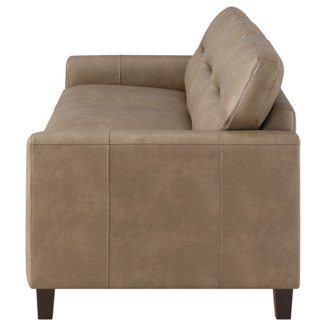 Scotland Brown Faux Leather Upholstered Track Arm Sofa by Coaster at Eve Furniture