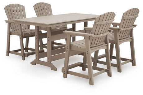 Seacliff Beach Medium Brown Outdoor Counter Height Dining Table and 4 Barstools by Ashley at Eve Furniture