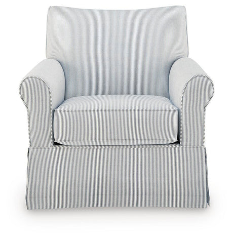 Searcy White/Navy Swivel Glider Accent Chair by Ashley at Eve Furniture