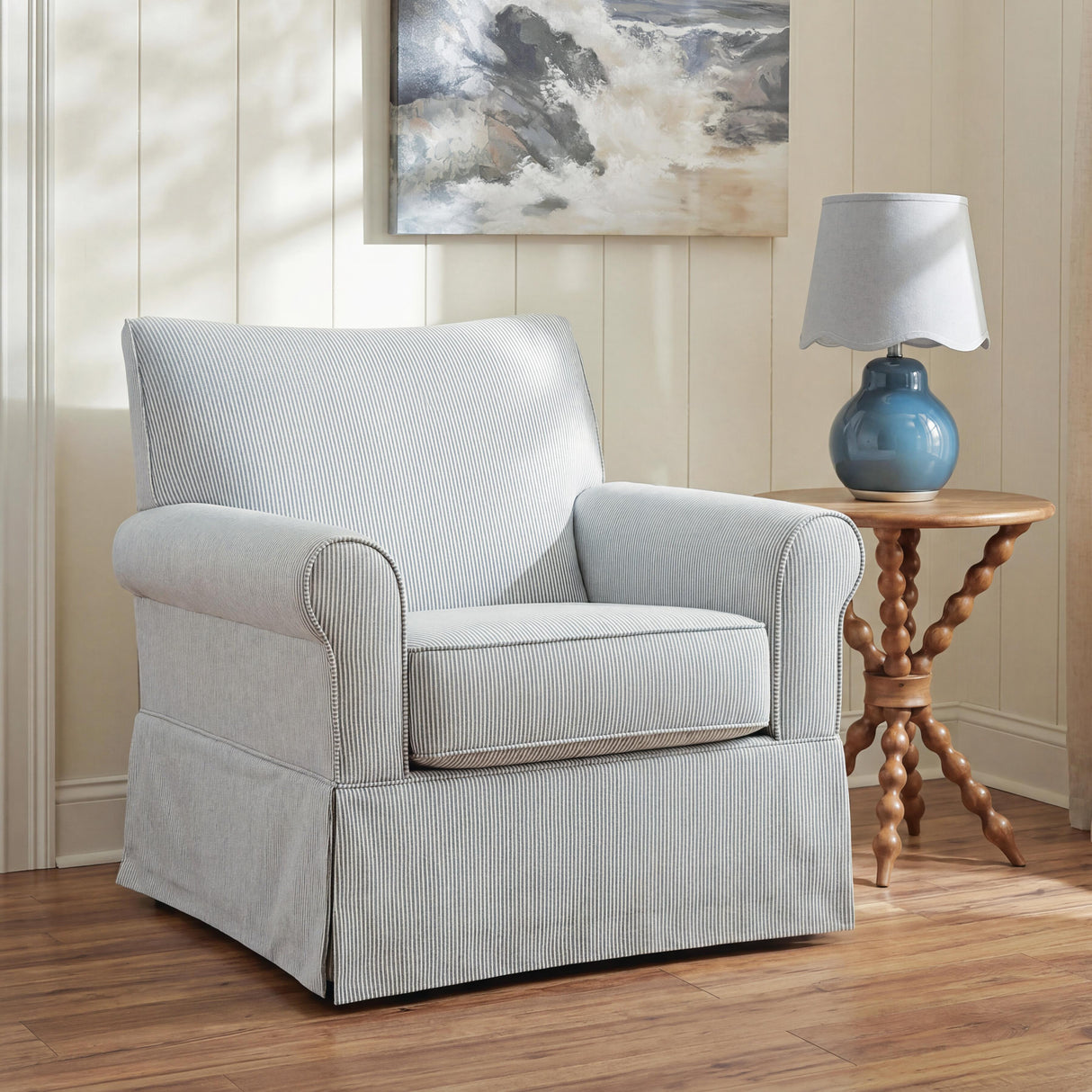 Searcy White/Navy Swivel Glider Accent Chair