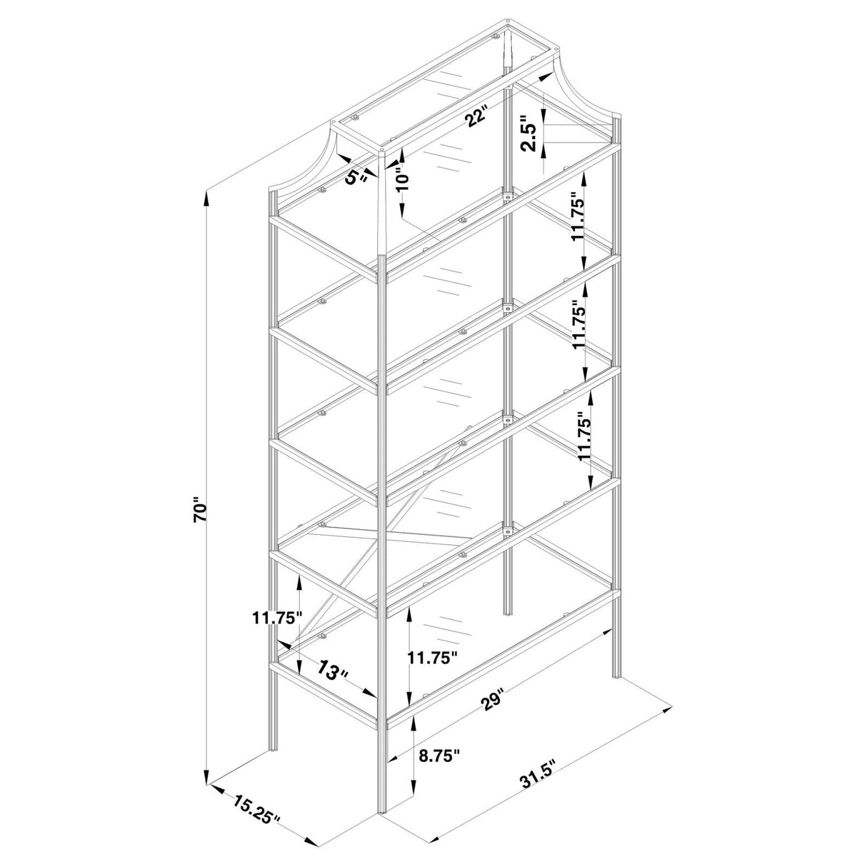 Serena Matte Gold 5-Tier Tempered Glass Shelves Bookcase