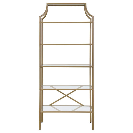 Serena Matte Gold 5-Tier Tempered Glass Shelves Bookcase by Coaster at Eve Furniture