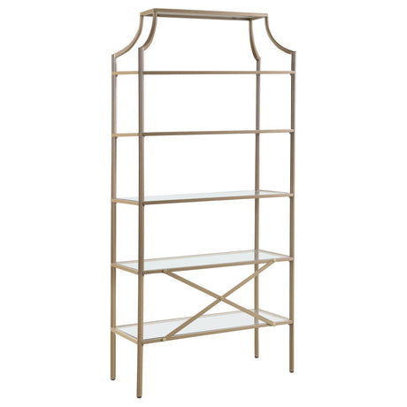 Serena Matte Gold 5-Tier Tempered Glass Shelves Bookcase by Coaster at Eve Furniture