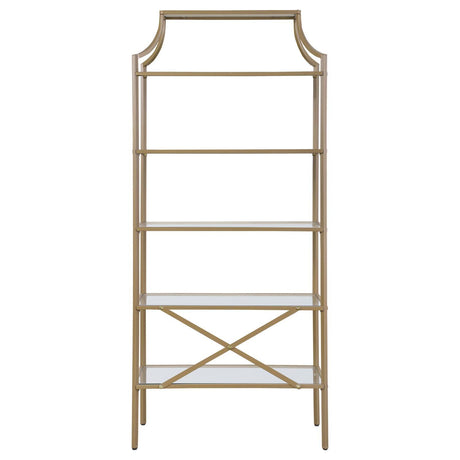Serena Matte Gold 5-Tier Tempered Glass Shelves Bookcase by Coaster at Eve Furniture