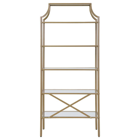 Serena Matte Gold 5-Tier Tempered Glass Shelves Bookcase by Coaster at Eve Furniture