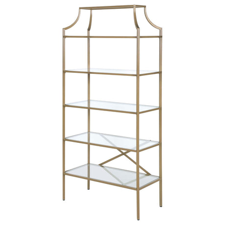 Serena Matte Gold 5-Tier Tempered Glass Shelves Bookcase by Coaster at Eve Furniture
