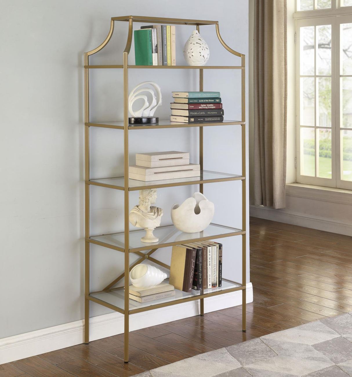 Serena Matte Gold 5-Tier Tempered Glass Shelves Bookcase by Coaster at Eve Furniture