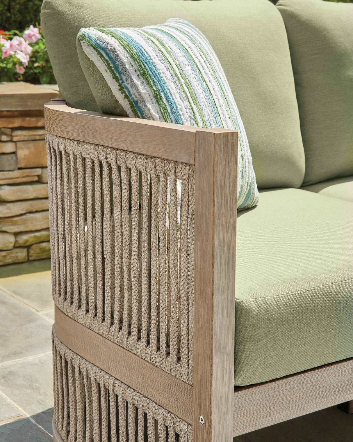 Serena Shores Beige/Green Outdoor Sofa and 2 Chairs by Ashley at Eve Furniture