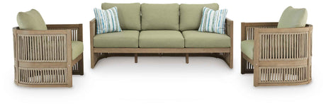 Serena Shores Beige/Green Outdoor Sofa and 2 Chairs by Ashley at Eve Furniture