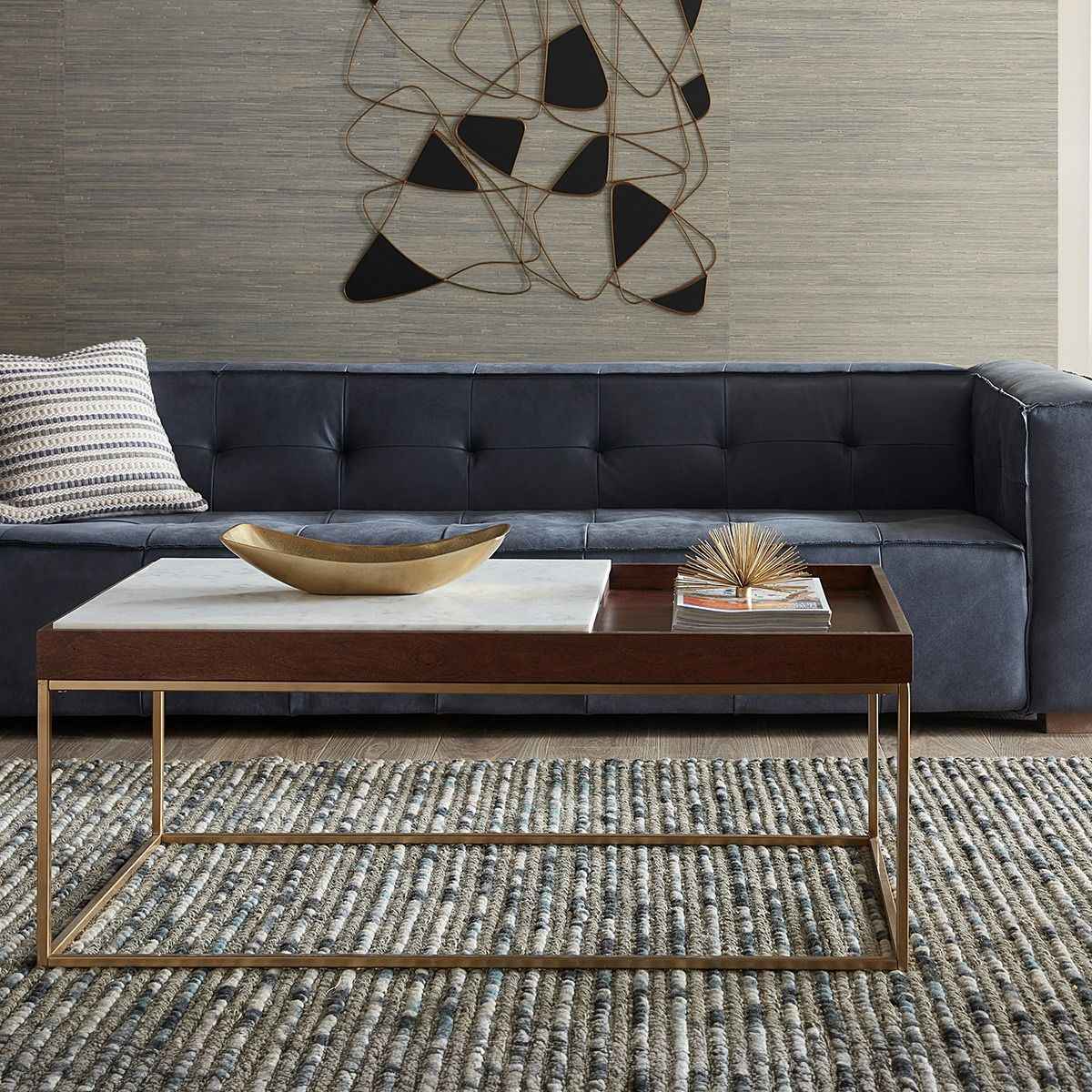 Serene 45" Coffee Table with White Marble in Walnut and Brass Base by Home Trends & Design at Eve Furniture