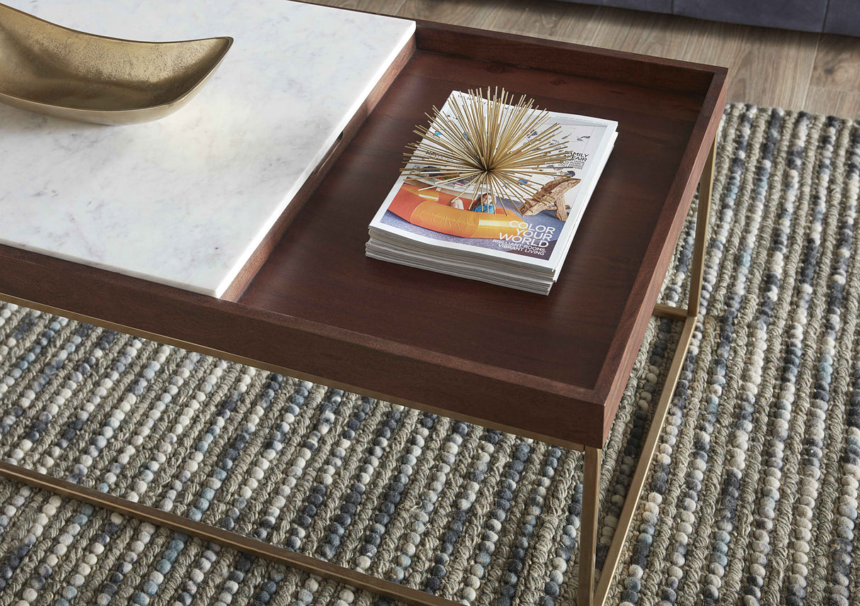 Serene 45" Coffee Table with White Marble in Walnut and Brass Base by Home Trends & Design at Eve Furniture
