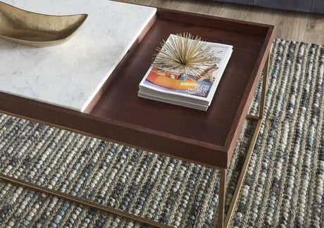 Serene 45" Coffee Table with White Marble in Walnut and Brass Base by Home Trends & Design at Eve Furniture