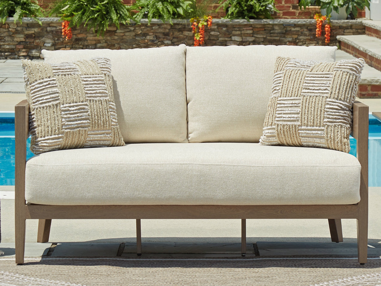 Serene Bay Dark Brown/White Outdoor Loveseat with Cushion