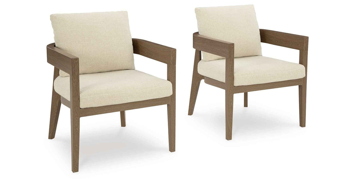 Serene Bay Dark Brown/White Outdoor Dining Arm Chair with Cushion by Ashley at Eve Furniture