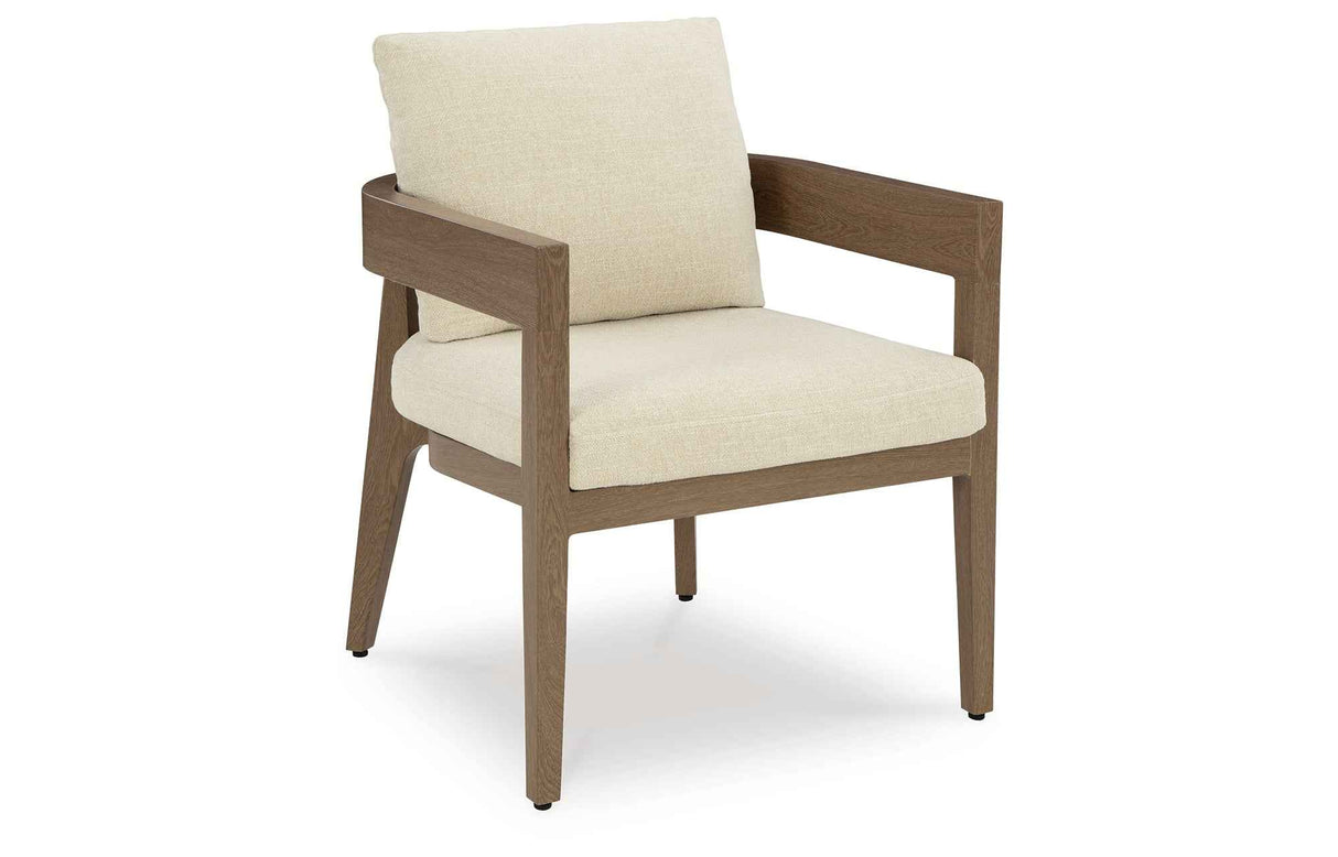 Serene Bay Dark Brown/White Outdoor Dining Arm Chair with Cushion by Ashley at Eve Furniture
