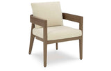 Serene Bay Dark Brown/White Outdoor Dining Arm Chair with Cushion by Ashley at Eve Furniture