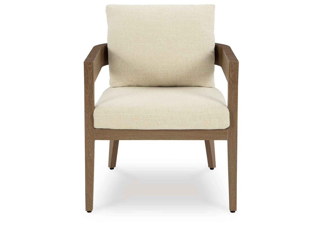 Serene Bay Dark Brown/White Outdoor Dining Arm Chair with Cushion by Ashley at Eve Furniture