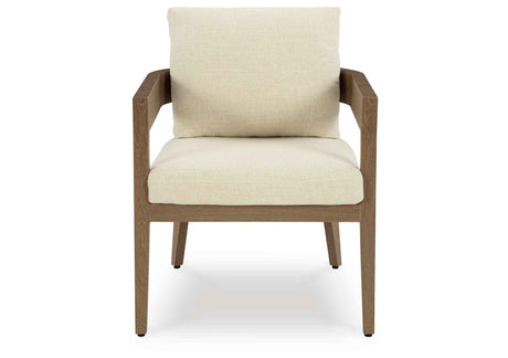 Serene Bay Dark Brown/White Outdoor Dining Arm Chair with Cushion by Ashley at Eve Furniture