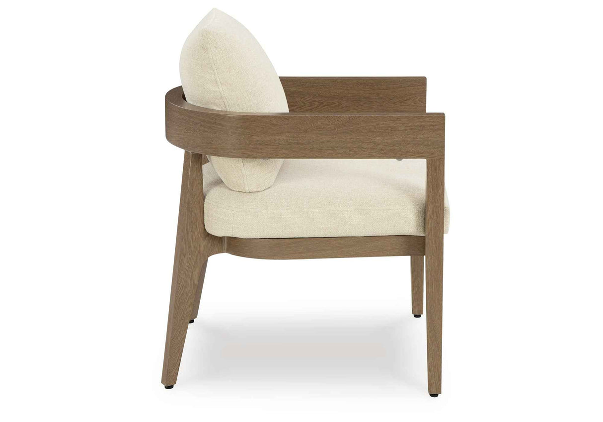 Serene Bay Dark Brown/White Outdoor Dining Arm Chair with Cushion by Ashley at Eve Furniture