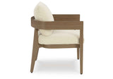 Serene Bay Dark Brown/White Outdoor Dining Arm Chair with Cushion by Ashley at Eve Furniture