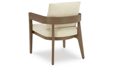 Serene Bay Dark Brown/White Outdoor Dining Arm Chair with Cushion by Ashley at Eve Furniture