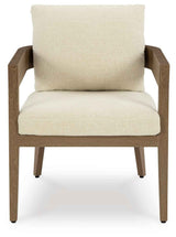 Serene Bay Dark Brown/White Outdoor Dining Arm Chair with Cushion by Ashley at Eve Furniture