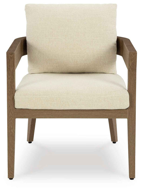 Serene Bay Dark Brown/White Outdoor Dining Arm Chair with Cushion by Ashley at Eve Furniture