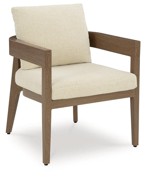 Serene Bay Dark Brown/White Outdoor Dining Arm Chair with Cushion by Ashley at Eve Furniture