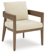 Serene Bay Dark Brown/White Outdoor Dining Arm Chair with Cushion by Ashley at Eve Furniture