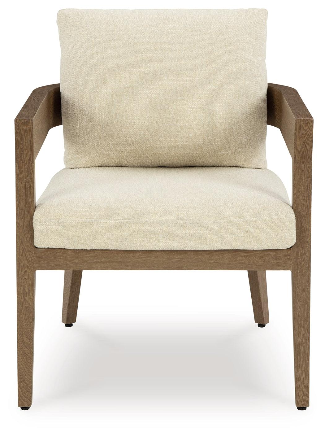 Serene Bay Dark Brown/White Outdoor Dining Arm Chair with Cushion by Ashley at Eve Furniture