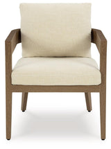 Serene Bay Dark Brown/White Outdoor Dining Arm Chair with Cushion by Ashley at Eve Furniture