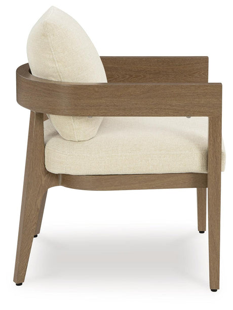 Serene Bay Dark Brown/White Outdoor Dining Arm Chair with Cushion by Ashley at Eve Furniture