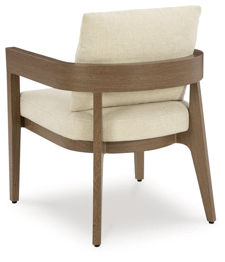 Serene Bay Dark Brown/White Outdoor Dining Arm Chair with Cushion by Ashley at Eve Furniture