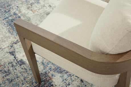 Serene Bay Dark Brown/White Outdoor Dining Arm Chair with Cushion by Ashley at Eve Furniture