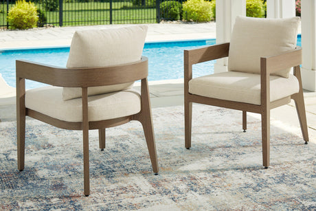 Serene Bay Dark Brown/White Outdoor Dining Arm Chair with Cushion by Ashley at Eve Furniture
