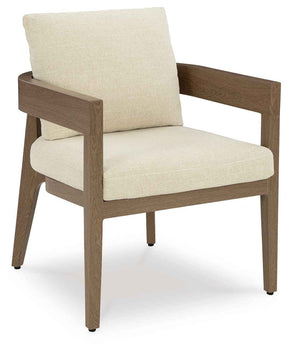 Serene Bay Dark Brown/White Outdoor Dining Arm Chair with Cushion by Ashley at Eve Furniture