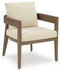 Serene Bay Dark Brown/White Outdoor Dining Arm Chair with Cushion by Ashley at Eve Furniture