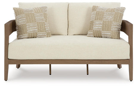 Serene Bay Dark Brown/White Outdoor Loveseat with Cushion by Ashley at Eve Furniture