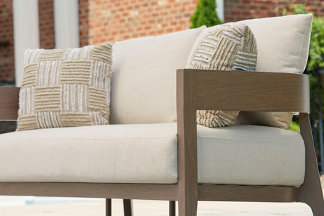 Serene Bay Dark Brown/White Outdoor Loveseat with Cushion by Ashley at Eve Furniture