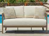 Serene Bay Dark Brown/White Outdoor Loveseat with Cushion by Ashley at Eve Furniture