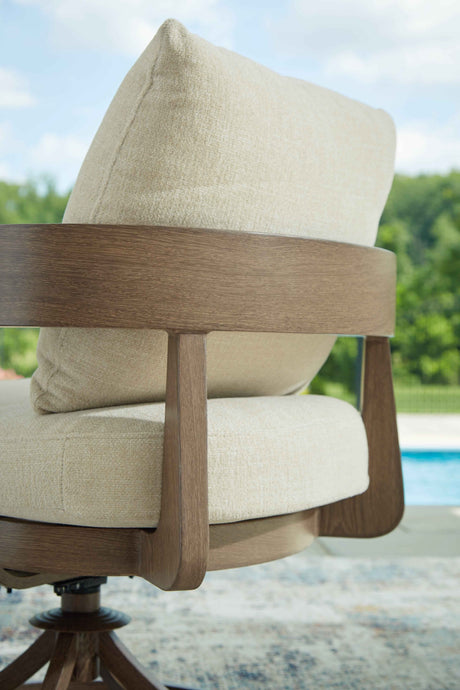 Serene Bay Dark Brown/White Outdoor Swivel Dining Chair with Cushion by Ashley at Eve Furniture