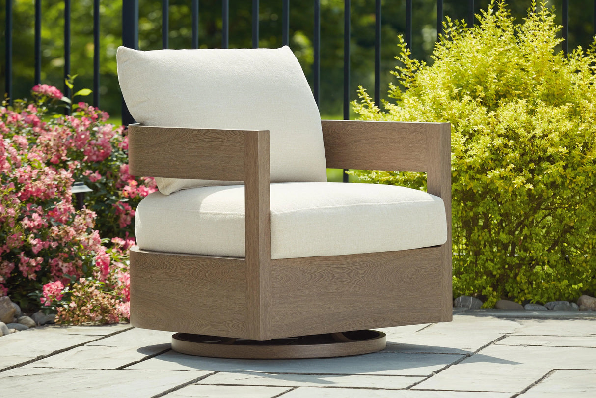 Serene Bay Dark Brown/White Outdoor Swivel Glider Chair with Cushion by Ashley at Eve Furniture