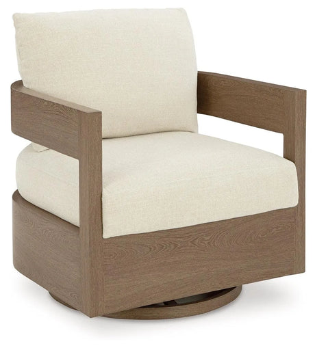 Serene Bay Dark Brown/White Outdoor Swivel Glider Chair with Cushion by Ashley at Eve Furniture