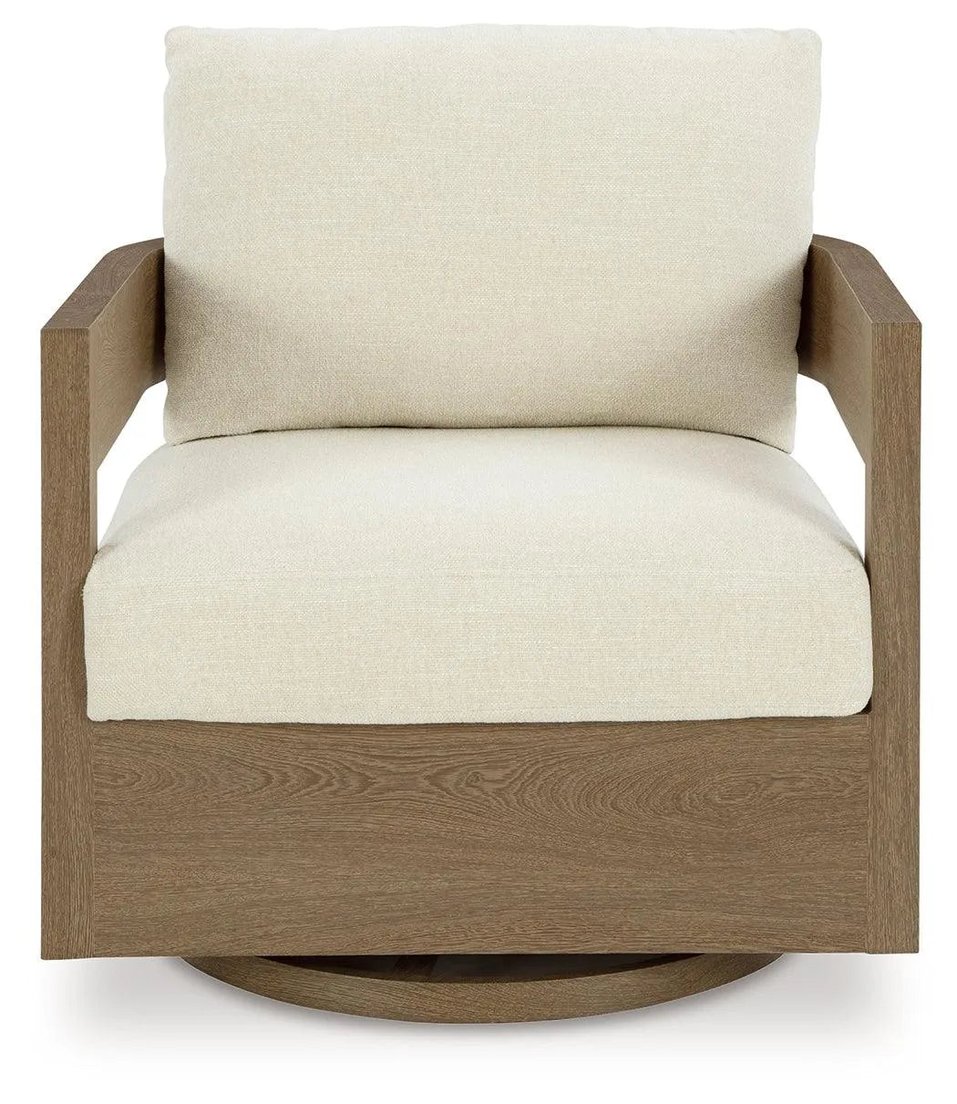 Serene Bay Dark Brown/White Outdoor Swivel Glider Chair with Cushion by Ashley at Eve Furniture