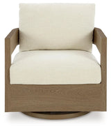 Serene Bay Dark Brown/White Outdoor Swivel Glider Chair with Cushion by Ashley at Eve Furniture