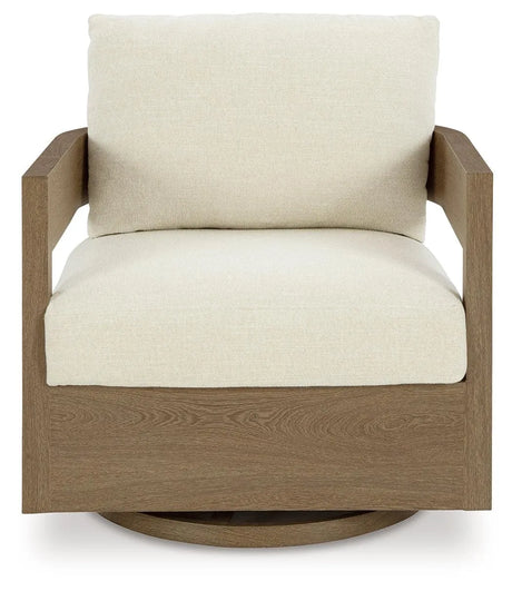 Serene Bay Dark Brown/White Outdoor Swivel Glider Chair with Cushion by Ashley at Eve Furniture
