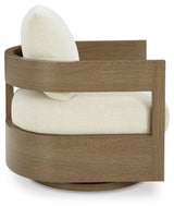 Serene Bay Dark Brown/White Outdoor Swivel Glider Chair with Cushion by Ashley at Eve Furniture